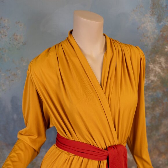 Vintage * LILLI ANN * 80s Mustard Yellow Draped Jumpsuit with Red Sash Belt - Picture 7 of 16